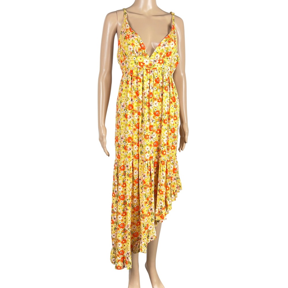 Floral Asymmetrical Dress Womens S Yellow Ruffle Twee Boho Summer Sundress